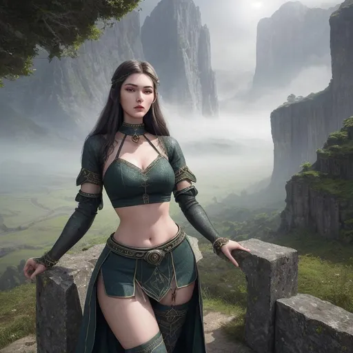 Prompt: Realistic lush ancient landscape, heavy mist, standing at the top of a mountain, with an inter dimensional portal opening in background, 

Depicting a closeup of an exquisite, exotic, gorgeous, slender, ultra realistic young adult woman, wearing a heavy iron collar, gorgeous perfectly detailed facial features, long legs, elegant sumptuous perfect body, ultra pale, visible midriff, 20 year old powerful super heroine,

Perfect contouring, hyper detailed, intricate detail, finite detail, fantastical, fantasy concept art, 64k resolution, deviantart masterpiece. UHD, Prefectly 3D Rendered