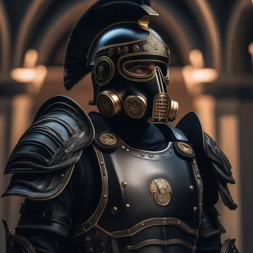 Prompt: A modern roman military male in black military armor galea helmet of roman armor, and gas mask, background Roman futuristic Hyperrealistic, sharp focus, Professional, UHD, HDR, 8K, Render, electronic, dramatic, vivid, pressure, nervous vibe, loud, tension, dark, Epic