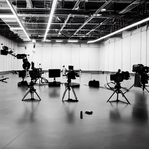 Prompt: an empty film studio with cameras and props