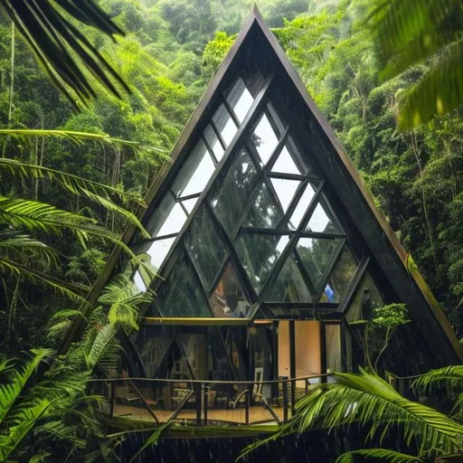 Prompt: Triangular A-frame house at the rain forest with high definition closeup photos