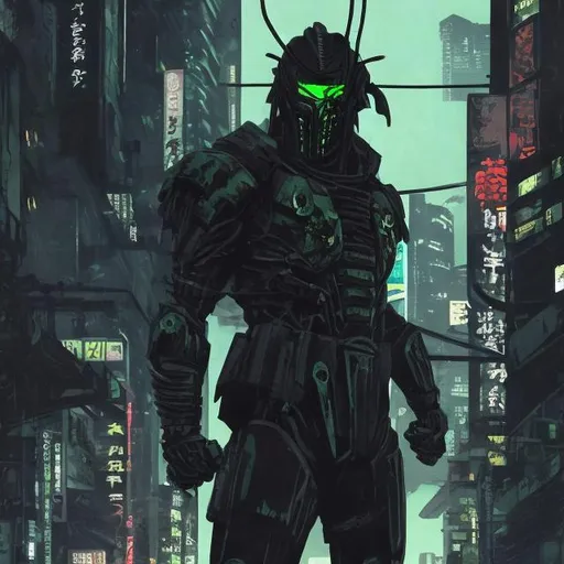 Prompt: Original villain.  Brawn. Sinister. Spartan influenced. Very Dark image with lots of shadows. Background partially destroyed neo Tokyo. Noir anime. Gritty. Dirty. Black with neon forest green accents. Plated armour. Bionic enhancements. 