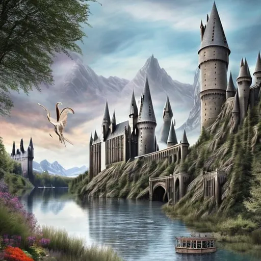 Prompt: Create a lakeside image with Hogwarts in the background