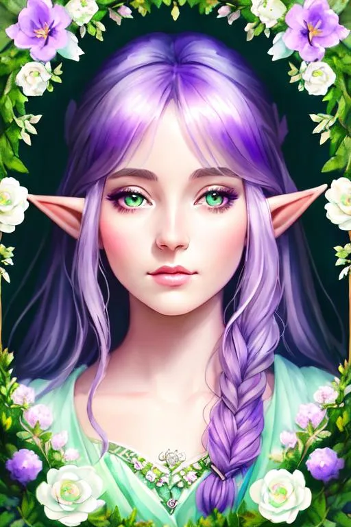 Prompt: 1girl, portrait, watercolor masterpiece,

realistic illustration of Female fantasy elf druid, in a vintage lavender and light mint green dress, green flowers in her purple hair, in a forest by the moonlight, symmetrical,

hyper realistic masterpiece, highly contrast water color pastel mix, sharp focus, digital painting, pastel mix art, digital art, clean art, professional, contrast color, contrast, colorful, rich deep color, studio lighting, dynamic light, deliberate, concept art, highly contrast light, strong back light, hyper detailed, super detailed, render, CGI winning award, hyper realistic, ultra realistic, UHD, HDR, 64K, RPG, inspired by wlop, UHD render, HDR render