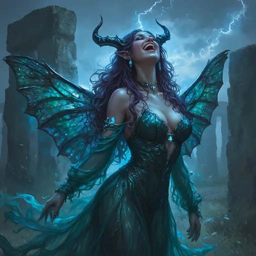 Prompt: fantasy succubus, (happy expression), long dark purple hair, sheer turquoise gown, diamond horns, visible fangs, (black blue and green molten glass fairy wings), reveling joyfully, dramatic blue lightning, enchanting Stonehenge backdrop, deep and moody color scheme, ethereal ambiance, (highly detailed) quality, mystical atmosphere with a touch of whimsy.