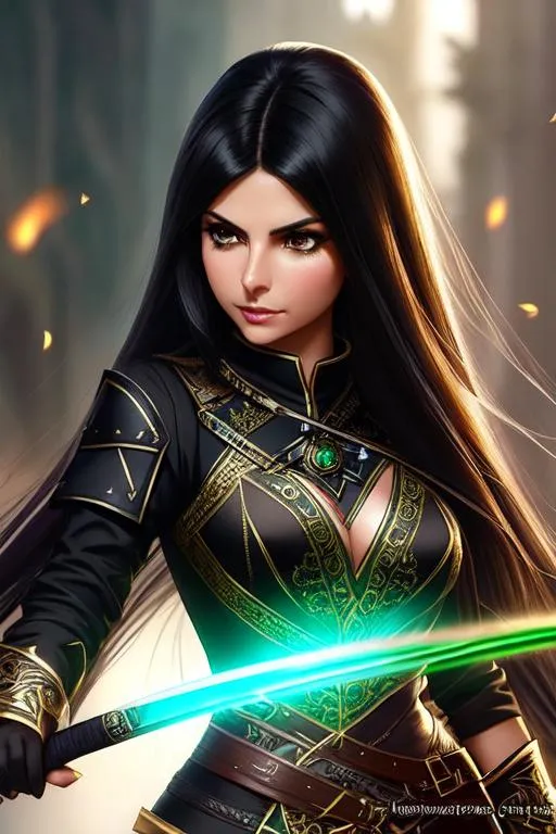 Prompt: {Mix of victoria justice and Morena Baccarin}, elf ears, green eyes, black flowing long black hair, black desert online ranger clothing, sword fighting, insanely detailed and intricate, hypermaximalist, elegant, ornate, hyper realistic, anime, dramatic, digital painting, artstation, smooth, sharp focus, black desert online combat