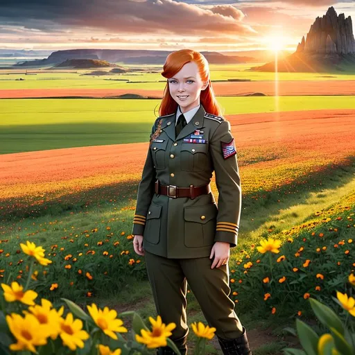 Prompt: RAW photography, full-body shot, full-length, wide field of view, war girl, (SS uniform: 2), tiny micro freckles, turned up nose, pointy chin, redhead ginger, happy, military boots, Nordic landscape, spring, sunrise, flourishing, colorful vegetation, flowers, spectacular, breathtaking, hyper realistic space 8k 18+ shot of the day beautiful epic high resolution, 8K, wallpaper, detailed