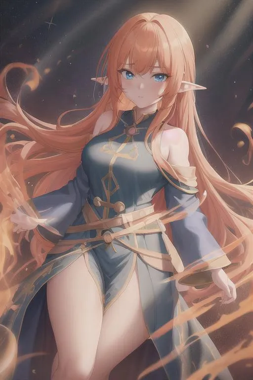 Prompt: "Full body, oil painting, fantasy, anime portrait of a  young hobbit woman with flowing light orange hair and dark blue eyes, short elf ears | wearing intricate wizard robes, #3238, UHD, hd , 8k eyes, detailed face, big anime dreamy eyes, 8k eyes, intricate details, insanely detailed, masterpiece, cinematic lighting, 8k, complementary colors, golden ratio, octane render, volumetric lighting, unreal 5, artwork, concept art, cover, top model, light on hair colorful glamourous hyperdetailed medieval city background, intricate hyperdetailed breathtaking colorful glamorous scenic view landscape, ultra-fine details, hyper-focused, deep colors, dramatic lighting, ambient lighting god rays, flowers, garden | by sakimi chan, artgerm, wlop, pixiv, tumblr, instagram, deviantart