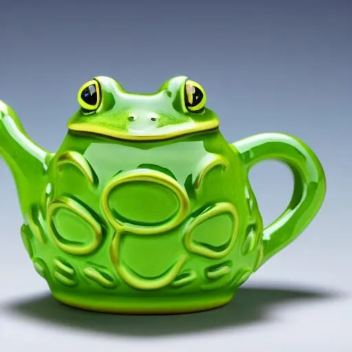 Prompt: frog-teapot, green teapot shaped like frog, glazed ceramic, tilt shift, very beautiful, global illumination, intricate linework, short spout, 8k, food photography, octane rende