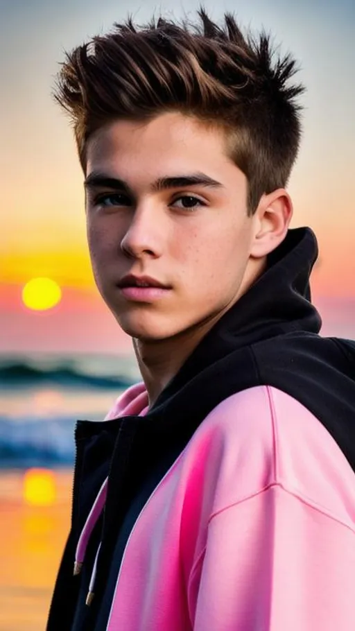 Prompt: handsome white teenage boy with black thin permed hair, pink hoodie, brown eyes, strong jawline, sunset beach background,3d art, hd, ultra hd, 24k