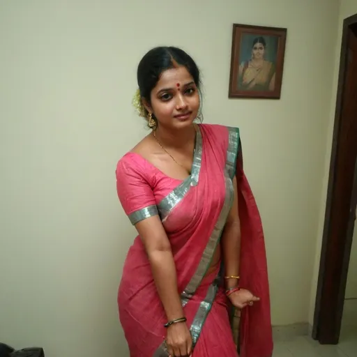 Prompt: a hot kerala women with her saree
 show her big cleavage
expose more skin 
make her chest big
make the blouse smallest
cheating her husband with another man
