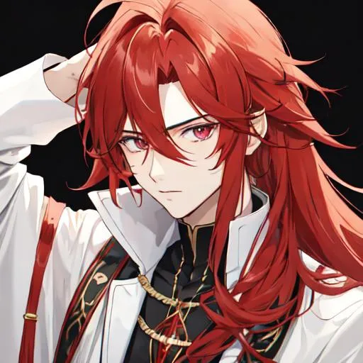 Prompt: Zerif 1male (Red side-swept hair covering his right eye) hand in his hair