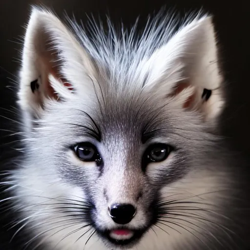 Prompt: silver fox, white eyes, black ears