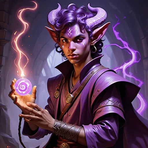 Prompt: Dungeons and dragons young male tiefling wild magic sorcerer with light purple skin
