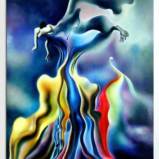 Prompt: Dancers emerging out of primordial soup, surreal medium,Dali-inspired, fluid movements, dreamlike, imaginative, abstract, detailed figures, surreal colors, intense lighting, oil painting, surrealism, dreamy, flowing forms, high quality, surreal, intense shadows, vibrant colors, artistic, dynamic