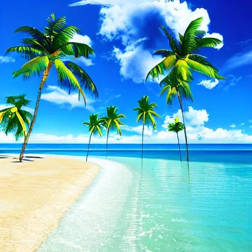 Prompt: a digital art of a tropical beach with white sand, palm trees and blue sky, highly detailed and clear