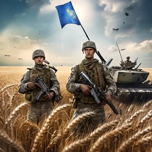 Prompt: soldiers, wielding Ukarine flag, in the middle of wheat field, clear sky, long shot, realistic, best quality, photographic, tank and artillery on the back