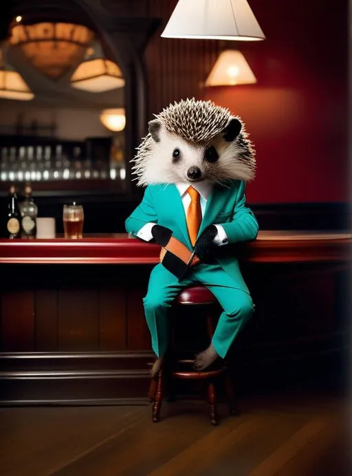 Prompt: photo of a hedgehog dressed suit and tie sitting at a table in a bar with a bar stools, award winning photography, Elke vogelsang