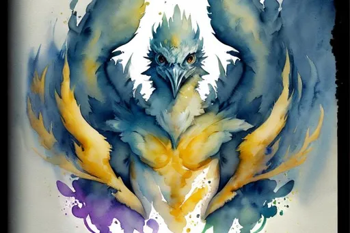 Prompt: Please create a monster manual page baking, I want a faint watercolour avian beast with smokey watercolour effects