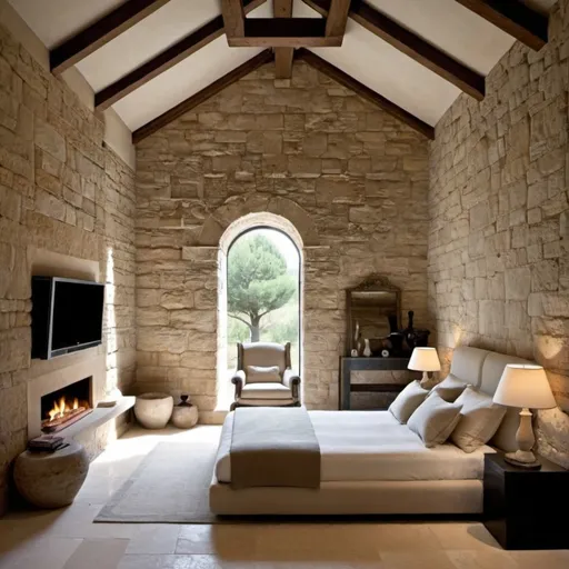 Prompt: inside rich modern roman stone house bedroom