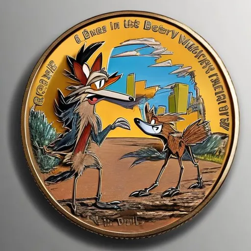 Prompt: Wile E. Coyote and the Roadrunner, on a coin, surprise me