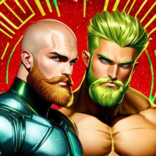 Prompt: hyper-muscular super handsome, full body image, two identical heads atop one solid body, golden-green alien male teenagers gods, scaly reptilian skin, iridescent colored scales, blonde hair and red sparkly beard, realistic, accurate fine facial features, dynamic, defined, confirmed, conformed, fabulous, gorgeous, cropped beard, bald head, wearing a pair of teal blue speedo swim briefs that are bulging in front, standing on a white sand beach in Hawaii at dusk