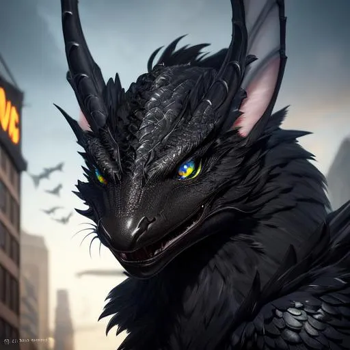 Prompt: Portrait of an anthro wyvern with striking black fur and iridescent black markings and a cute face, liminal space streets, perfect composition, hyperrealistic, super detailed, 8k, high quality, trending art, trending on artstation, sharp focus, studio photo, intricate details, highly detailed, by greg rutkowski