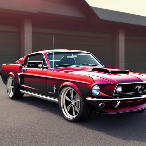 Prompt: UHD photorealistic rendering 1968 ford mustang gt with shaker hood and side exhaust lowered suspension 