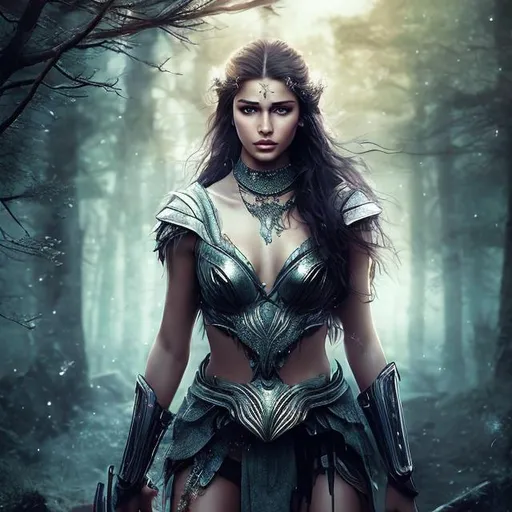 Prompt: HD 4k 3D 8k professional modeling photo hyper realistic beautiful young warrior woman ethereal greek goddess of the hunt, wilderness, animals and the moon
black hair gorgeous face fair skin silver shimmering dress full body surrounded by moons glowing light hd enchanting landscape at night background of forest trees, flowers, stars, moon, weapons, animals, deer
