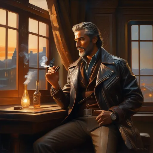 Prompt: Third-person, full body of character in view, sharp nose, kind eyes, and a wise expression, weathered and rugged, mechanical arm, smoking a cigar by the window, lights from blinds, Khajit, leather jacket, highest quality concept art masterpiece, oil painting, intricate details, professional, highly detailed,