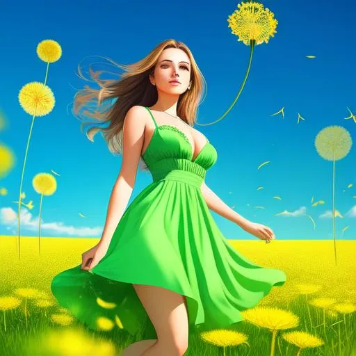 Prompt: A beautiful woman, standing in a dandelion field, flying dandelions, wearing green silky short dress, top lighting, symmetrical face, freckles, cleavage visible, digital art, vector art, procreate, illustration 