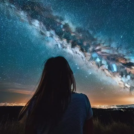 Prompt: Photo of a girl looking at the stars, night time, pretty, dark scene