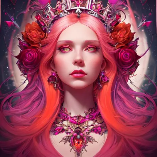 Prompt: insanely detailed surreal portrait of realistic beautiful young queen of broken hearts, concept art, gradient red orange and fuchsia colors, editorial, pop surrealism, elaborate, fantasy, intricate, fatal beauty, atmospheric, cinematic, epic, by anna dittmann, digital painting, extreme detail, 8k, ultra hd, hyper detailed, colorful, wlop, digital painting, fantasy art, hyperrealism, anime character, background digital painting, digital illustration, extreme detail, digital art, ultra hd, vintage photography, beautiful, tumblr aesthetic, retro vintage style, hd photography, hyperrealism, extreme long shot, telephoto lens, motion blur, wide angle lens, deep depth of field, warm, anime Character Portrait, Symmetrical, Soft Lighting, Reflective Eyes, Pixar Render, Unreal Engine Cinematic Smooth, Intricate Detail, anime Character Design, Unreal Engine, Beautiful, Tumblr Aesthetic,  Hd Photography, Hyperrealism, Beautiful Watercolor Painting, Realistic, Detailed, Painting By Olga Shvartsur, Svetlana Novikova, Fine Art