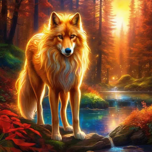 Prompt: Insanely beautiful (canine quadruped) that is glowing, thick golden mane, on two legs, translucent, luminescent, illusion, glistening fiery mane, glows like the sun, flaming red eyes, majestic wolf face, energetic fox, in a enchanted woods near a lake, fantasy, magical, sunrise, beneath the stars, crystal lake, waterfall, bioluminescent, highres, best quality, concept art, epic digital art, intricately detailed, cinematic, 8k eyes, highly detailed eyes, highly detailed, 64k, vibrant, UHD, professional