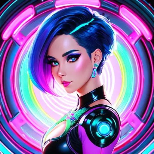 Prompt: Futuristic neon Goddess With short  asymetric Hair, Goddess Of neon, Bright Frosting Hair, Bright Features, Wearing A short Detailed Dress With neon, cleavage, full half body, By Tim Burton, Highly Detailed, Digital Painting, Beautiful Detailed Doe Eyes, Elegant, Portrait, Colourful, Artgerm, Alphonse Mucha, Ilya Kuvshinov, Watercolor, Ink Painting, Beautiful Watercolor Painting, Realistic, Detailed, Painting By Olga Shvartsur, Svetlana Novikova, Fine Art, Soft Watercolor, Beautifully Drawn Hands, Proportionate Fingers, With A Wide-Angle Camera Lens, Shallow Depth Of Field, Soft Lighting Effects, Anime Character, Detailed, Vibrant, Anime Face, Sharp Focus, Character Design, Wlop, Artgerm, Kuvshinov, Character Design, Unreal Engine, Hyper Detailed, anime character, background digital painting, digital illustration, extreme detail, digital art, ultra hd, vintage photography, beautiful, aesthetic, style, hd photography, hyperrealism, extreme long shot, telephoto lens, motion blur, wide angle lens, sweet