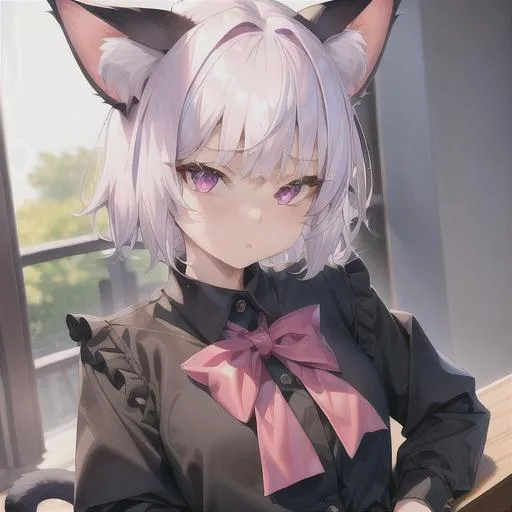 Prompt: 4k, 8k, cat ears, petite face, petite body, detailed, intricate face, portrait, detailed eyes, sharp tones, 1girl, cute woman, short hair, {{white hair}}, pink eyes, wearing school uniform