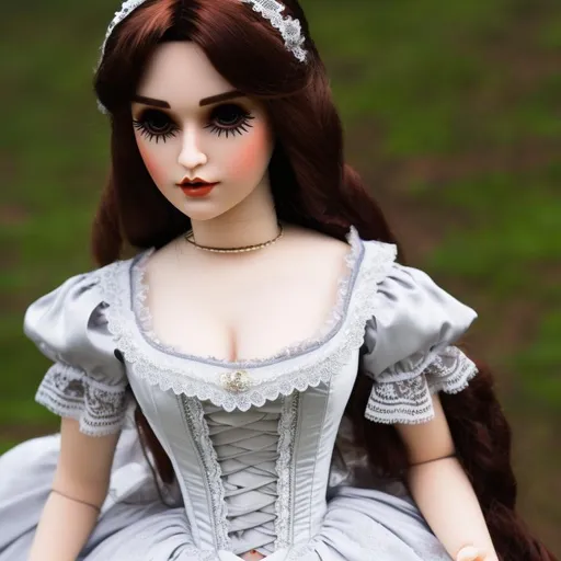 Prompt: A woman turned into a doll, wearing a very detailed, laced, victorian dress.