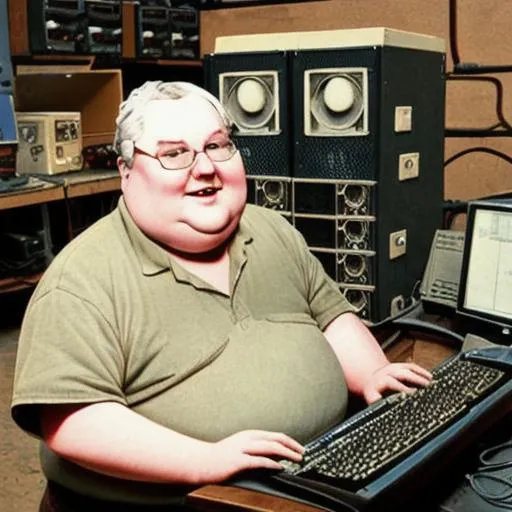 Prompt: old fat computer technician with beer