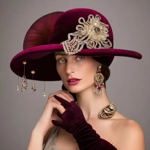 Prompt: Burgundy colour large velvet women’s hat with piece of jewellery made by Lalique, product photography, high quality, neutral background, luxurious feel, smooth lighting, 