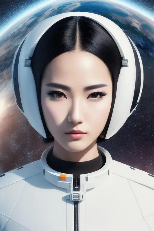 Prompt: UHD, 8k, Professional Photograph, masterpiece,  realistic, Skinny face,  black hair, Layered bob hair, Thin body, front view, close up, inner of space chinese ship, white suit