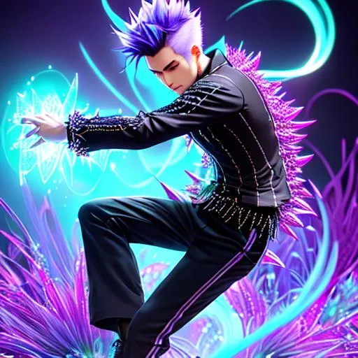 Prompt: spiky hair, happy wearing long-sleeve shirt and pants, Full body, slender flowerpunk dude, dynamic high kicking pose, hyper-detailed painting, luminism, concept art, 4k resolution, fractal isometrics details bioluminescence , 3d render, octane render, intricately detailed , cinematic, Isometric Centered hyperrealistic cover photo awesome full color, hand drawn , gritty, hit definition , cinematic, on paper, ethereal background, abstract beauty, stand, approaching perfection, pure form, golden ratio, minimalistic, unfinished, concept art, intricate details, 8k post production, high resolution, hyperdetailed, trending on artstation, sharp focus, studio photo, intricate details, highly detailed, 