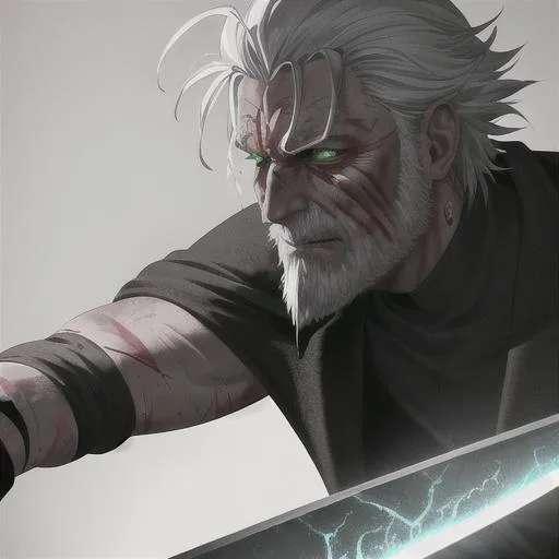 Prompt: 4k, HD, Blood splatter, wizard, lightning, Jacked, Old man, Piercing green eyes, scars, Blind, knife, High res, perfect resolution, corpses 