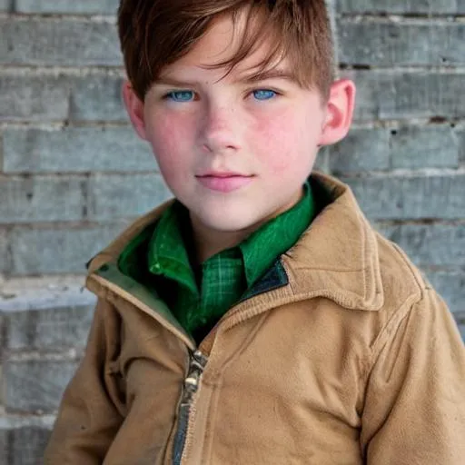 Prompt: Young boy with light brown hair and green eyes 