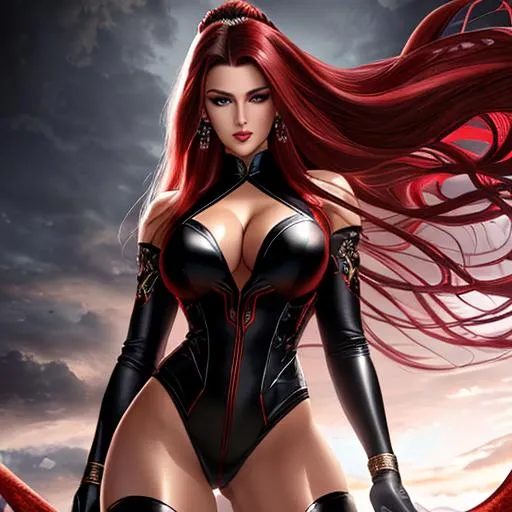 Prompt: high quality of a hyperdetailed tall woman with black and red uniform and, hyperdetailed hair, master piece, hyperdetailed full body, hyperdetailed feminine attractive face and nose, complet body view, ((hunge breast)) ((hyper realist nipples)) ((hyperdetailed muscle)) ((hyperdetailed eyes)) ((perfect pussy)) ((hyperdetailed pussy)) ((vagina)), perfect body, perfect anatomy, ultra-realistic, 3d lighting, beauty, sensual feminine romance, professional, sensual feminine, perfect composition, unreal engine 8k octane, 3d lighting, UHD, HDR, 8K, render, HD, trending on artstation, front view, ((sexy))
