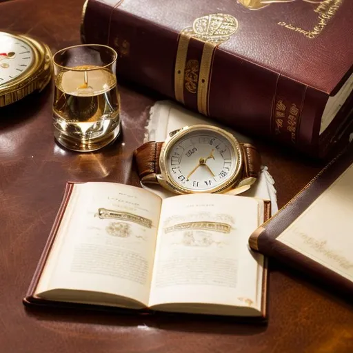 Prompt:  a leather-bound book, a glass of champagne and luxury watch placed on a brown classy round table.