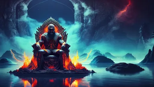 Prompt: An Imposing God sitting in a Throne of Water, Bright, Fire, Smoke, Vegetation Hyper Realistic.