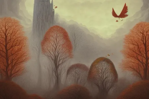 Prompt: ART DECO AUTUMN TREES, falling leaves, birds, hills, wind, clouds, castle, AURIKA PILIPONIENE IRA KENNEDY MARCI MCDONALD HOLAKANOLA MARIA SERAFINA DEBBIE CRISWELL victo ngai henri rousseau vladimir kush Arief Putra Anita Inverarity Alenka Sottler Itzchak Tarkay remedios varo