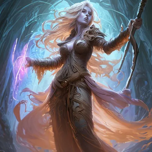 Prompt: Full body splash art of a female undead sorceress casting a spell, very long honey-colored hair with a fringe, wearing long light-colored iridescent pastel robes, carrying a wooden staff, heroic, D&D, fantasy, intricate, highly detailed, sharp focus, digital painting, oil painting, master piece, artstation, concept art, 4k, 8k