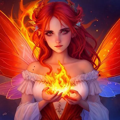 Prompt: Pretty fairy goddess, warm colors, fiery background, closeup