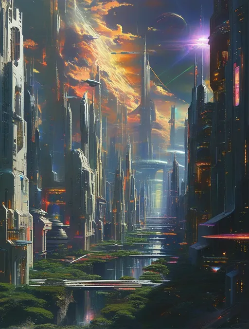 Prompt: Futuristic city, stunning skyline illuminated by neon lights, intricate architecture blending nature and technology, majestic space station in the background overlooking the vibrant metropolis, David A Hardy style, rich in afrofuturism elements, high detail, epic scale, dramatic atmosphere, captivating matte painting, showcasing a harmonious future, ultra-detailed, cinematic quality.