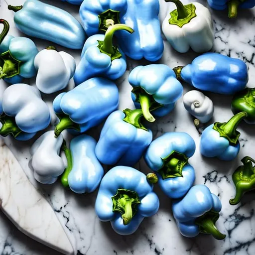 Prompt: white and blue peppers lying on a marble kitchen board